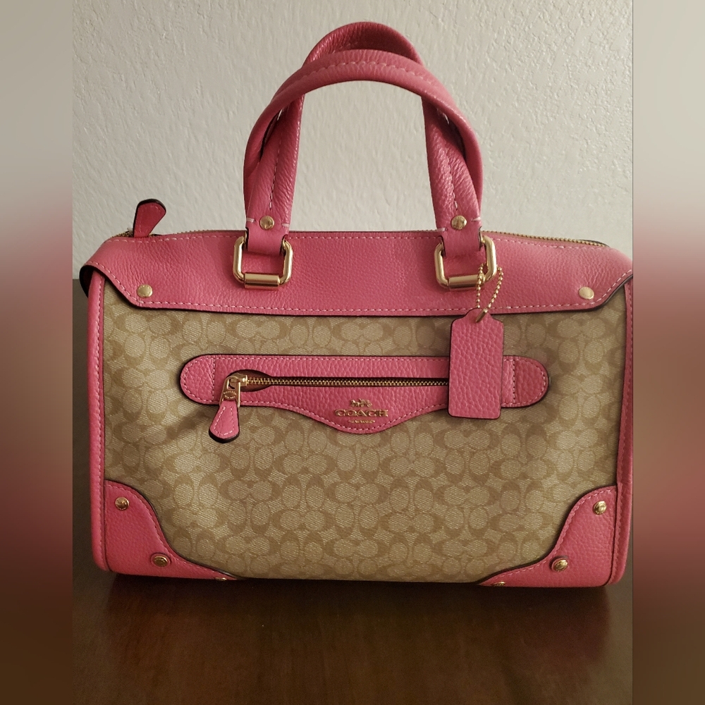 Coach Millie Satchel Petunia Pink Leather Light Khaki Signature